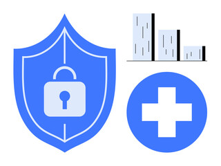 Obraz premium Blue shield with a lock, white medical cross in a blue circle, and bar chart. Ideal for data security, healthcare, analytics, risk management, health insurance, cybersecurity simple flat metaphor