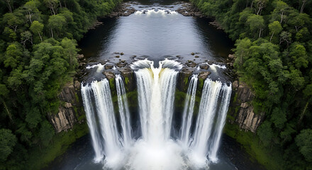 Drone Shot of a Waterfall with a Clear Reflection in a Still Pool