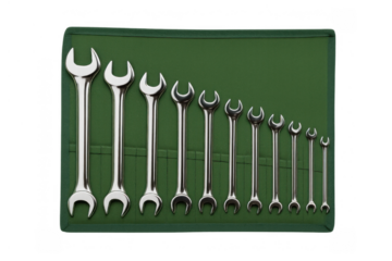 Chrome wrench set in green roll-up kit for auto mechanic and home repair tasks, various sizes, transparent background
