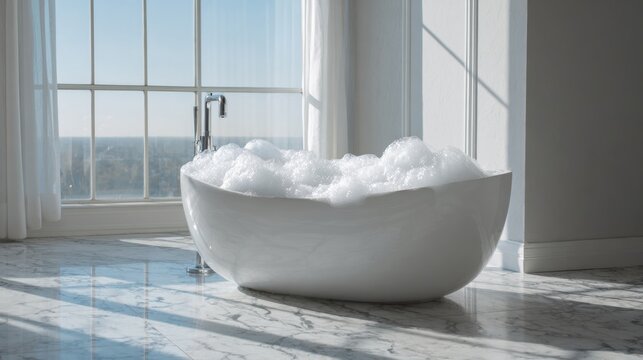 Luxurious freestanding bathtub with bubble foam in bright sunlit bathroom - Powered by Adobe