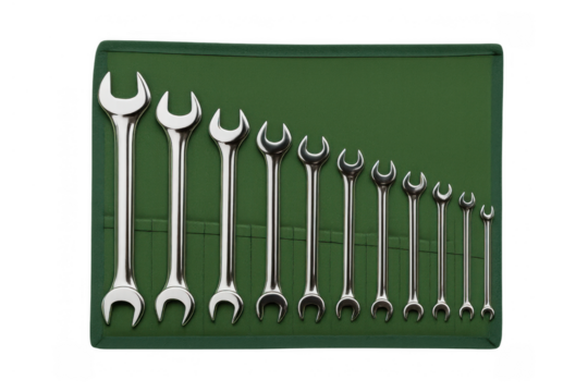 Chrome wrench set in green roll-up kit for auto mechanic and home repair tasks, various sizes, transparent background