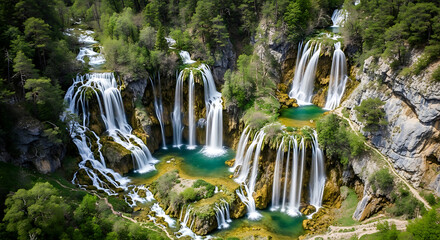 Aerial Drone Footage of a Multi-Tiered Cascading Waterfall System