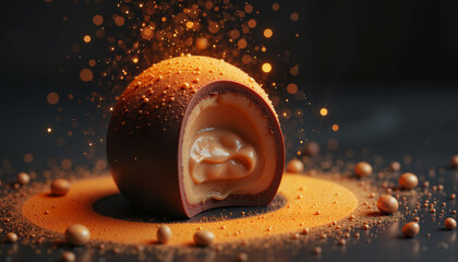 Detailed chocolate truffle with a cutaway presents decadent confectionery with elegant cinematic lighting, shining a spotlight on its creamy center.