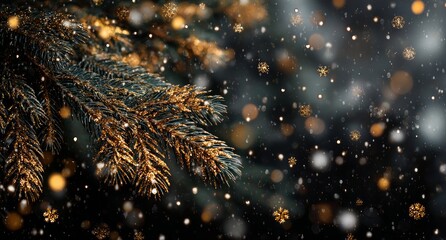 Golden Sparkling Christmas Tree Branch with Falling Snowflakes in Night Light