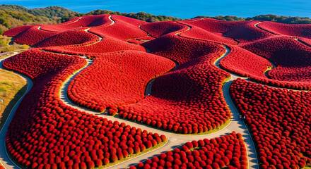 Drone Photography of Hitachi Seaside Park Red Kochia Balls in Autumn