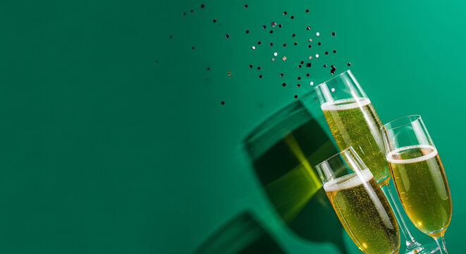 Champagne glasses with green background and falling confetti