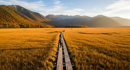 Drone View of Oze National Park Marsh Boardwalk and Autumn Golden Field