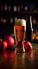 Holiday Lager Beer with Christmas Ornaments in Warm Bar Setting 
