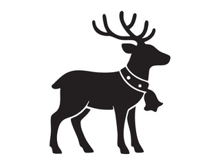 Fototapeta premium Black silhouette of reindeer with bell collar, isolated on white background. concept of christmas, new year, festive season, winter holiday decor, icon, design element