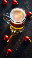 Festive Lager Beer Pint  Christmas Ornaments on Dark Background