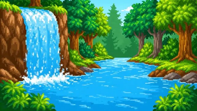 Pixelated artwork showing a waterfall cascading into a river, surrounded by trees and greenery