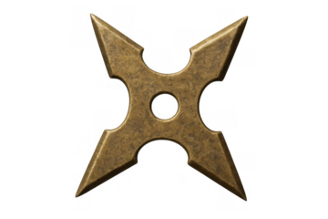 Gritty metal shuriken ninja star, traditional japanese martial arts weapon with sharp points on transparent background