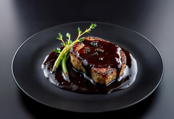 Beef Tenderloin with Red Wine Sauce and Green Beans on Black Plate