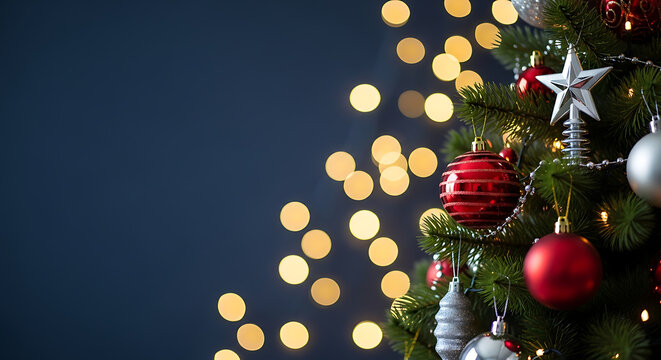 Festive christmas tree with blurry lights and ornaments - Powered by Adobe