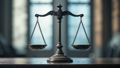 scales of justice on a blurred background. Classic balance scales symbolizing justice and fairness, on a desk.