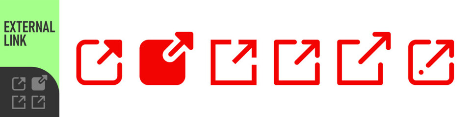 External link icon set. open in new window icons in various color styles with arrow and square shapes. Ideal for web design, hyperlinks, UI interfaces, navigation, and digital connection concepts