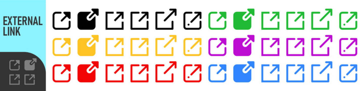 External link icon set. open in new window icons in various color styles with arrow and square shapes. Ideal for web design, hyperlinks, UI interfaces, navigation, and digital connection concepts