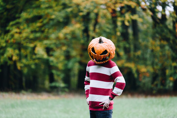 Person Wearing a Pumpkin Head Standing Outdoors in Autumn