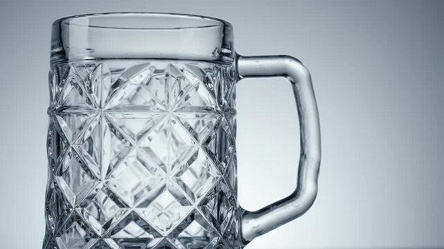 Elegant Clear Crystal Glass Beer Mug with Textured Surface on Soft White Background