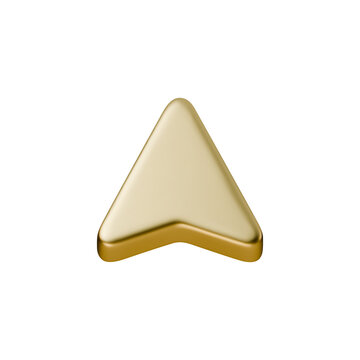 Smooth 3D gold arrow with a glossy metallic surface and soft reflections. Elegant golden navigation icon for UI, apps, digital designs and premium interfaces. Shiny geometric arrow element
