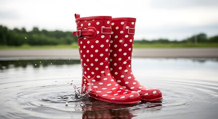 Red Polka Dot Rain Boots Splashing in Water