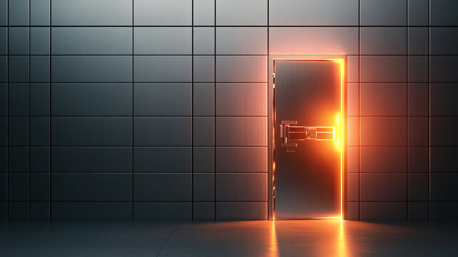 Secure vault door slightly open with glowing light, modern metal wall, mysterious atmosphere