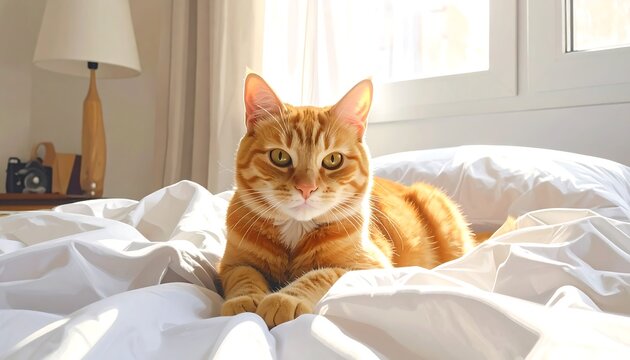 A ginger feline reclines majestically on rumpled white bedding, bathed in the warmth of sunlight streaming in through a nearby window