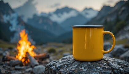Bright yellow mug by a roaring campfire in a rugged mountain campsite.