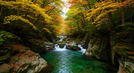 Drone Photography of Oirase Gorge Stream Waterfalls and Autumn Tunnel