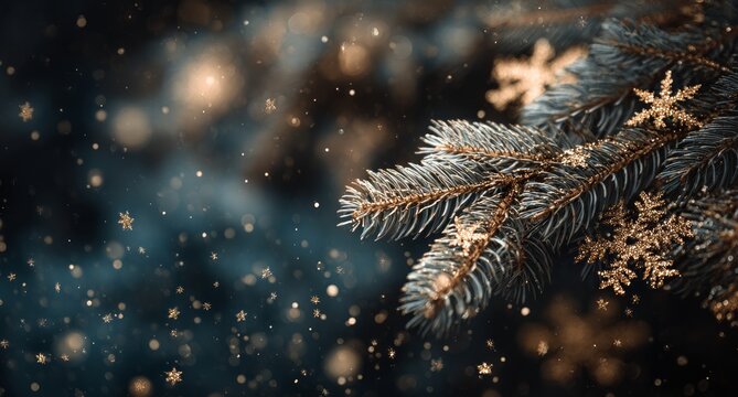 Close Up of Frosted Pine Branch with Snowflakes and Bokeh Effect in Warm Golden Tones