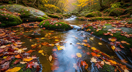 Drone Photography of Oirase Gorge Mossy Rocks and Autumn Stream