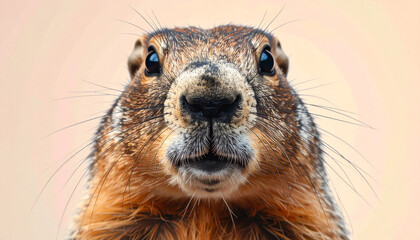 Close-up of a groundhog's face, showing its fur, nose, and eyes in sharp detail.