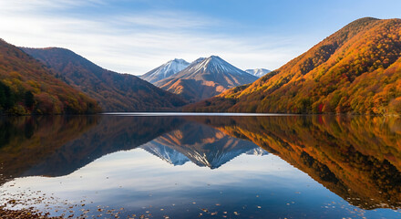Aerial Shot of Nikkō National Lake Yumoto Autumn Mirror Surface