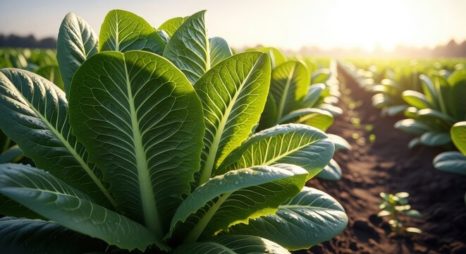 Rows of romaine lettuce growing in a field on a sunny day in california - Powered by Adobe