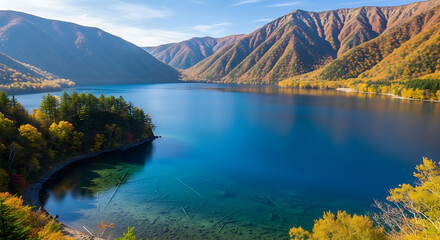 Drone View of Lake Shikotsu Crystal Clear Water and Autumn Forest
