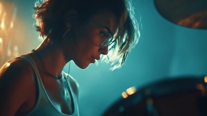Woman wearing glasses playing drums with dramatic lighting