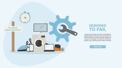 Designed to Fail Concept with Planned Obsolescence and Broken Devices. Damaged home electronics concept for consumer awareness and sustainability. Obsolescence concept.Flat style. Vector illustration