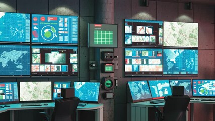 Command center control room monitor with multiple world map displays and screens showing geopolitical risk analysis charts - Powered by Adobe