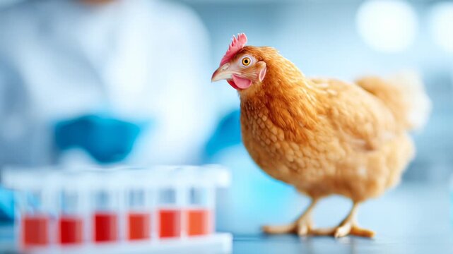 A chicken stands curious on a workbench in a laboratory while a researcher observes. The bright environment highlights the interaction between animal behavior and scientific inquiry