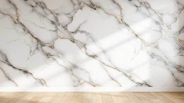 Elegant white marble wall with striking gold and black veins. Light wooden floor and soft window shadows complete the luxurious space.