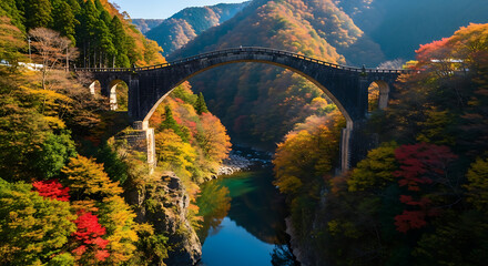 Aerial Photography of Yabakei Gorge Stone Bridge and Autumn Valley