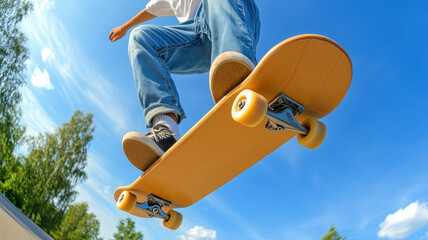 Skateboarder jeans sneakers outdoor blue sky action summer trick low angle energetic