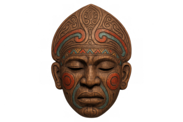 Carved wooden tribal mask depicting a spiritual face with traditional patterns, representing ancient culture and history on transparent background