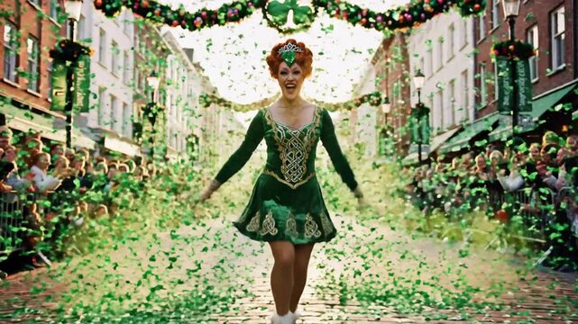 Joyful woman in festive green costume, Saint Patrick's Day celebration, vibrant street parade with Irish dance and crowd cheering