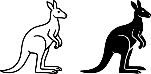 Kangaroo illustration, black and white, outline and silhouette versions