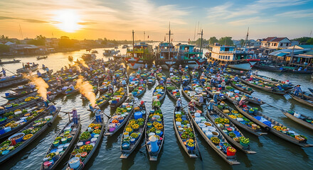 Aerial View of Can Tho Mekong Delta Floating Markets Morning