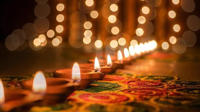 Row of lit diyas on a colorful rangoli with bokeh lights background.