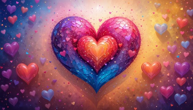 heart with vibrant colors and smaller hearts . Dreamy, colorful heart illustration filled with love and positive vibes.