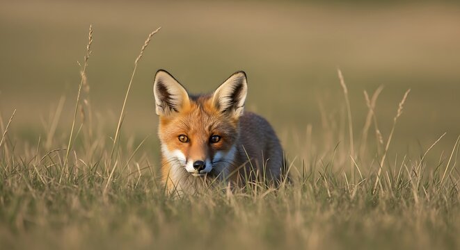 Red fox in tall grass, alert and watchful in nature. - Powered by Adobe