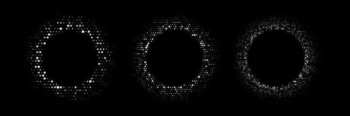 Halftone circle patterns with random dot distribution. Circular frames made of gradient dots with varying sizes and opacity on black background. Minimalist vector illustration.
